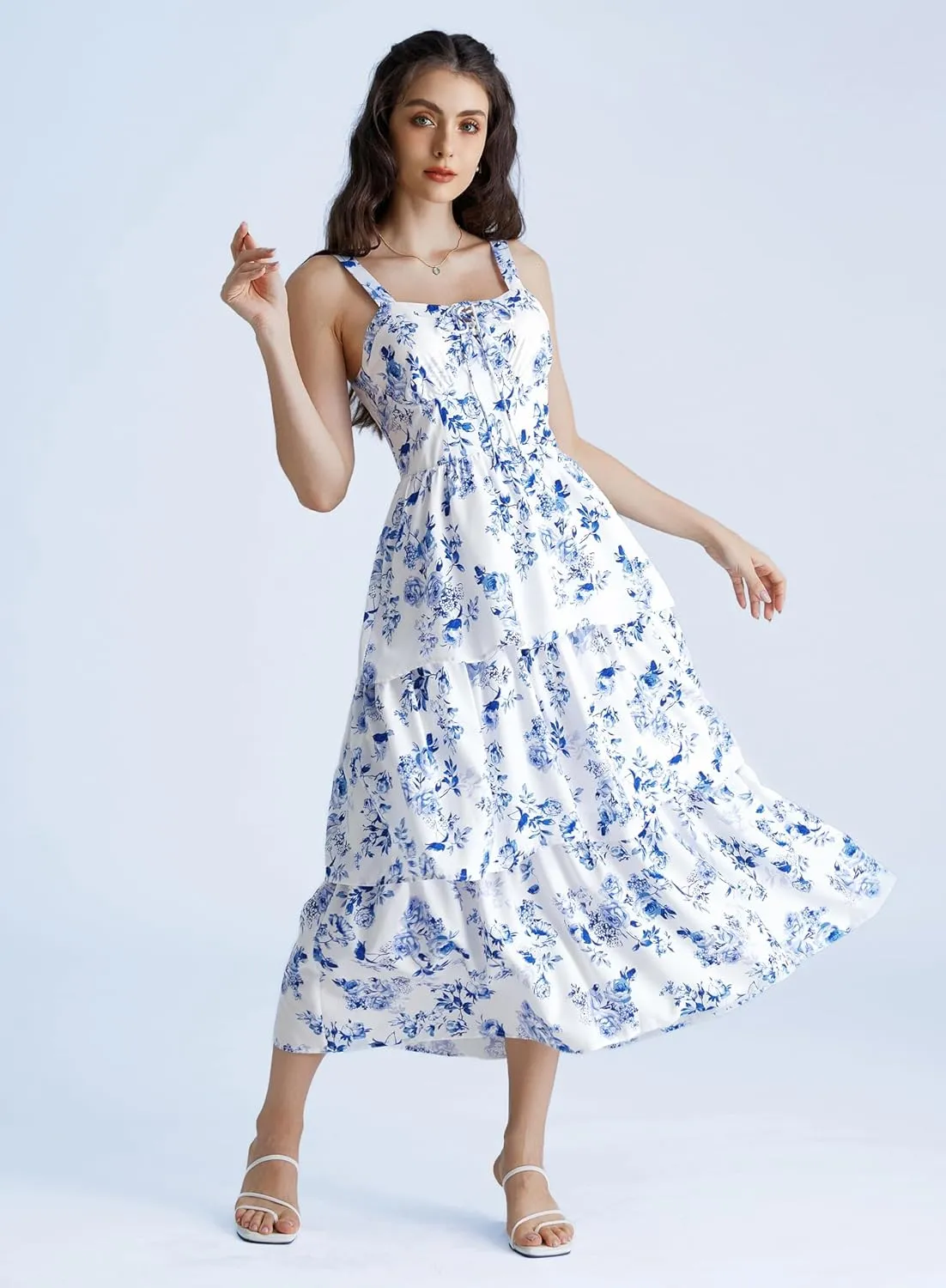 Scarlet Darkness Women's Floral Maxi Dress Summer Wedding Guest Dress Tiered Sleeveless Lace Up Corset Sundress