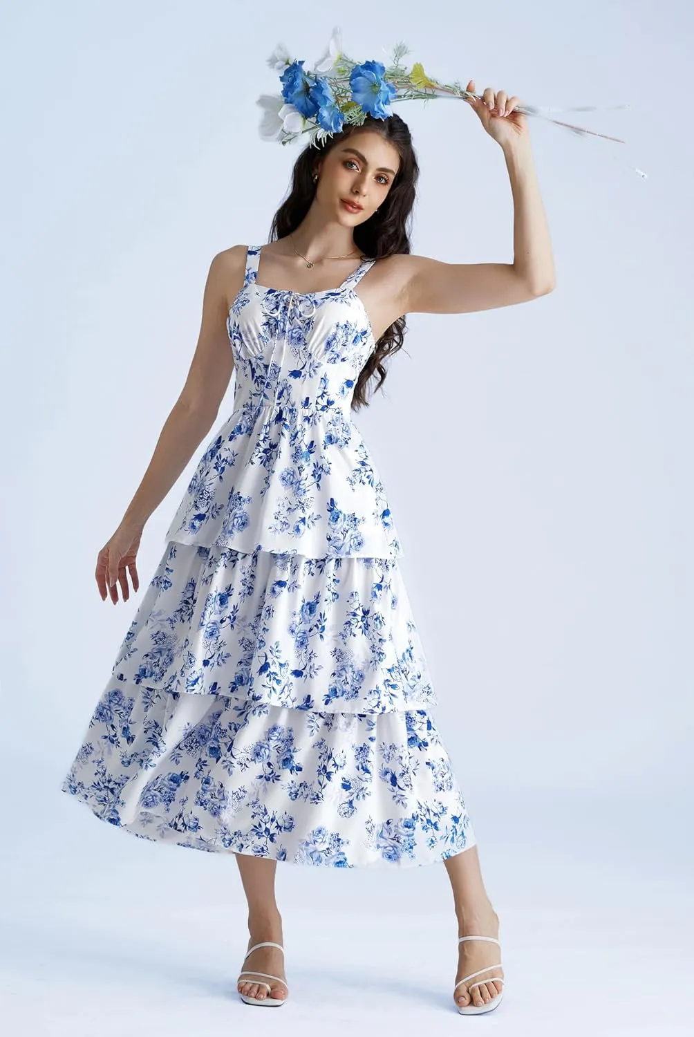 Scarlet Darkness Women's Floral Maxi Dress Summer Wedding Guest Dress Tiered Sleeveless Lace Up Corset Sundress