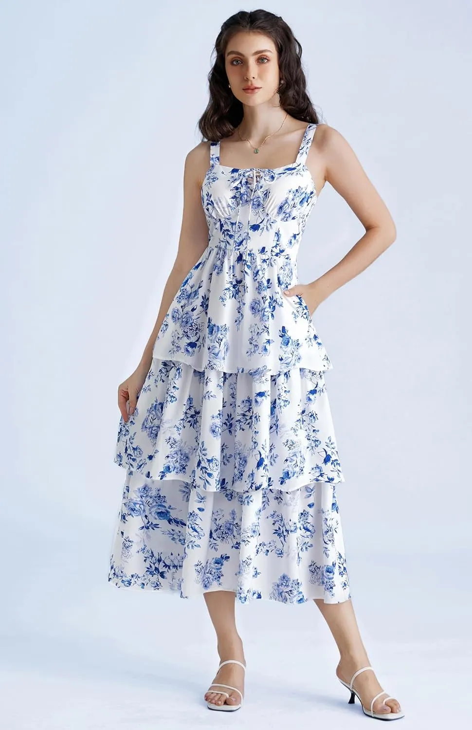 Scarlet Darkness Women's Floral Maxi Dress Summer Wedding Guest Dress Tiered Sleeveless Lace Up Corset Sundress