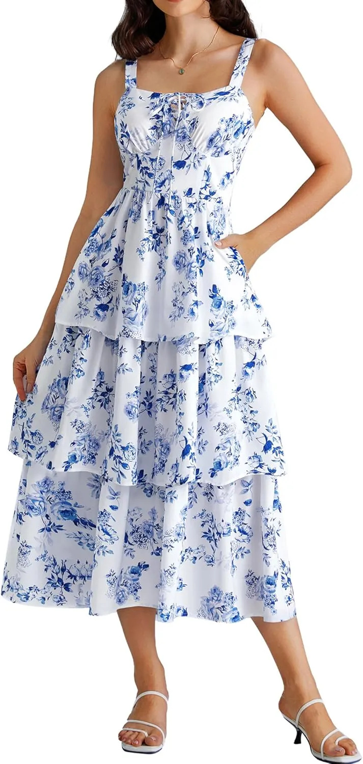 Scarlet Darkness Women's Floral Maxi Dress Summer Wedding Guest Dress Tiered Sleeveless Lace Up Corset Sundress