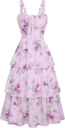 Scarlet Darkness Women's Floral Maxi Dress Summer Wedding Guest Dress Tiered Sleeveless Lace Up Corset Sundress