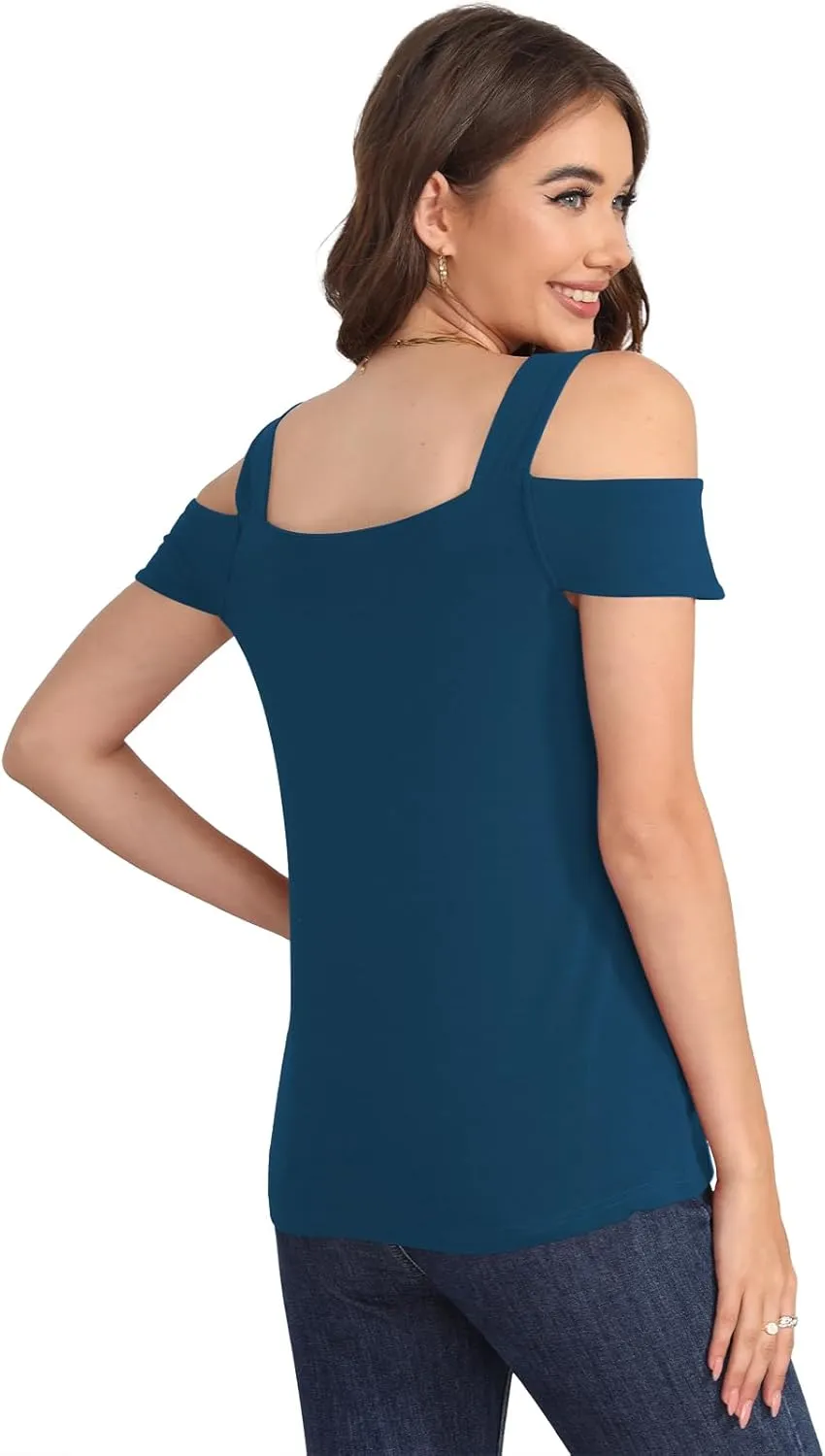 Soesdemo Summer Tops Womens Tunic Top Short Sleeve Cold Shoulder V Neck Loose Fit Basic Tee Casual Tops Shirts Blouse