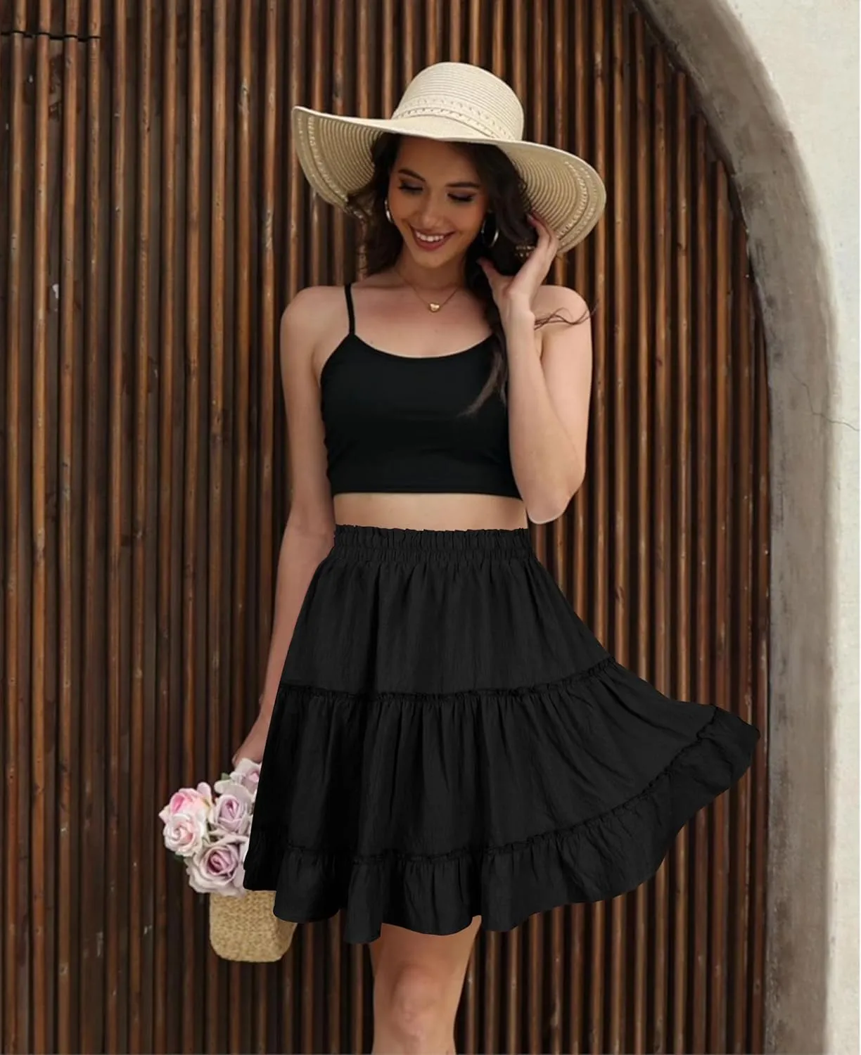 Summer Skirts for Women 2025 Vacation Cotton Ruffle Elastic Waist A-Line Casual Short Skirt