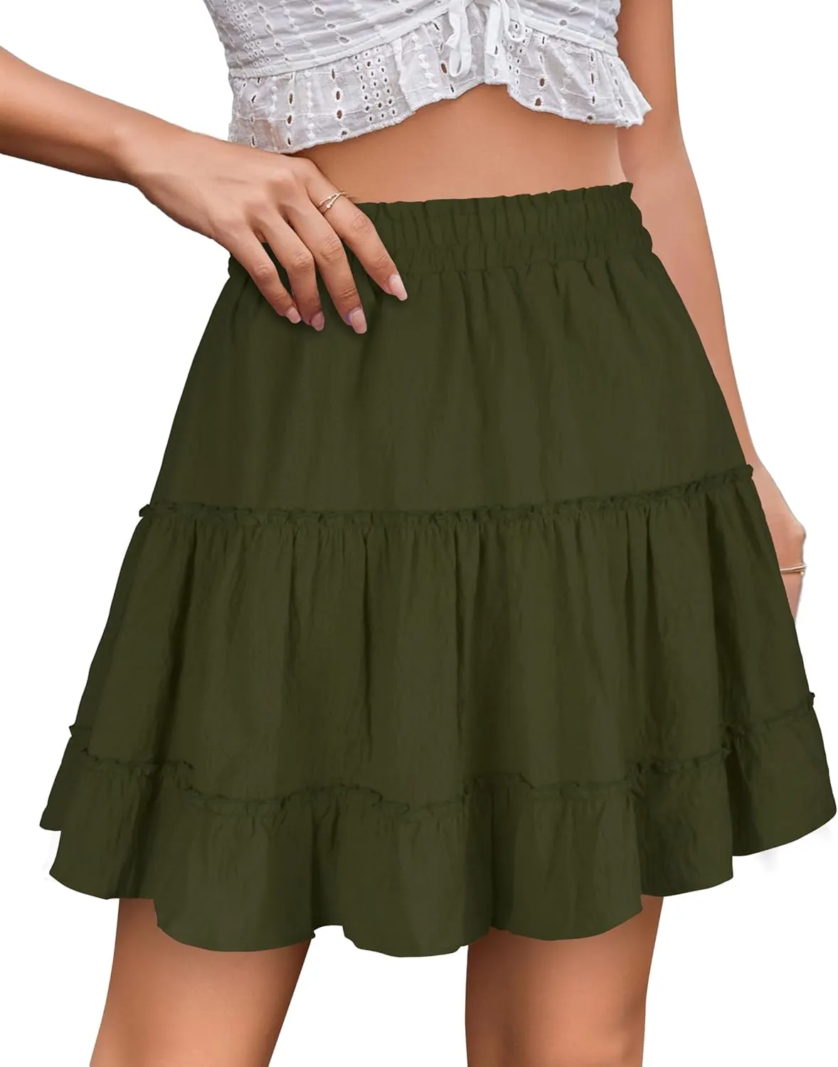 Summer Skirts for Women 2025 Vacation Cotton Ruffle Elastic Waist A-Line Casual Short Skirt