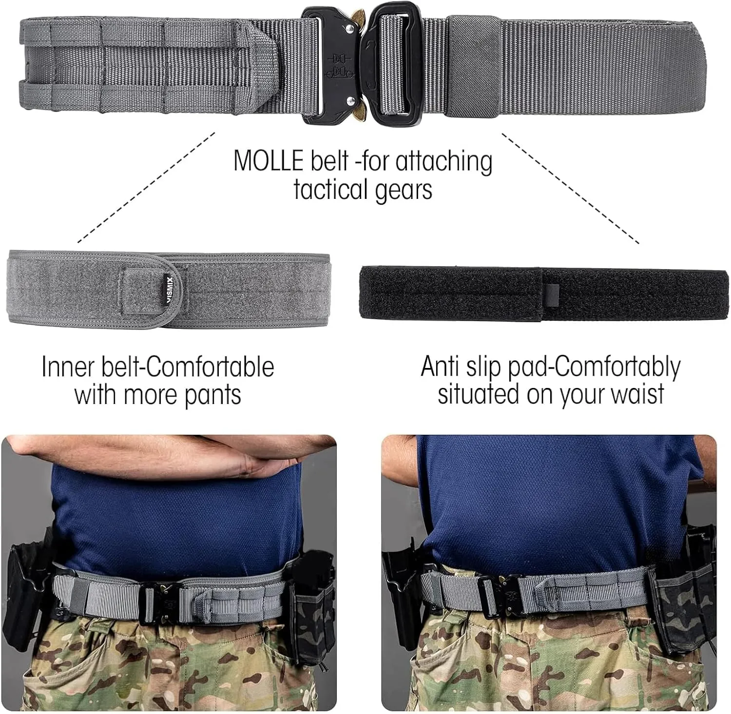 VISMIX Tactical Belt, Quick Release 1.75" MOLLE Battle Belt with Inner Belt and Anti-Slip Pad- Heavy Duty Battle Belts