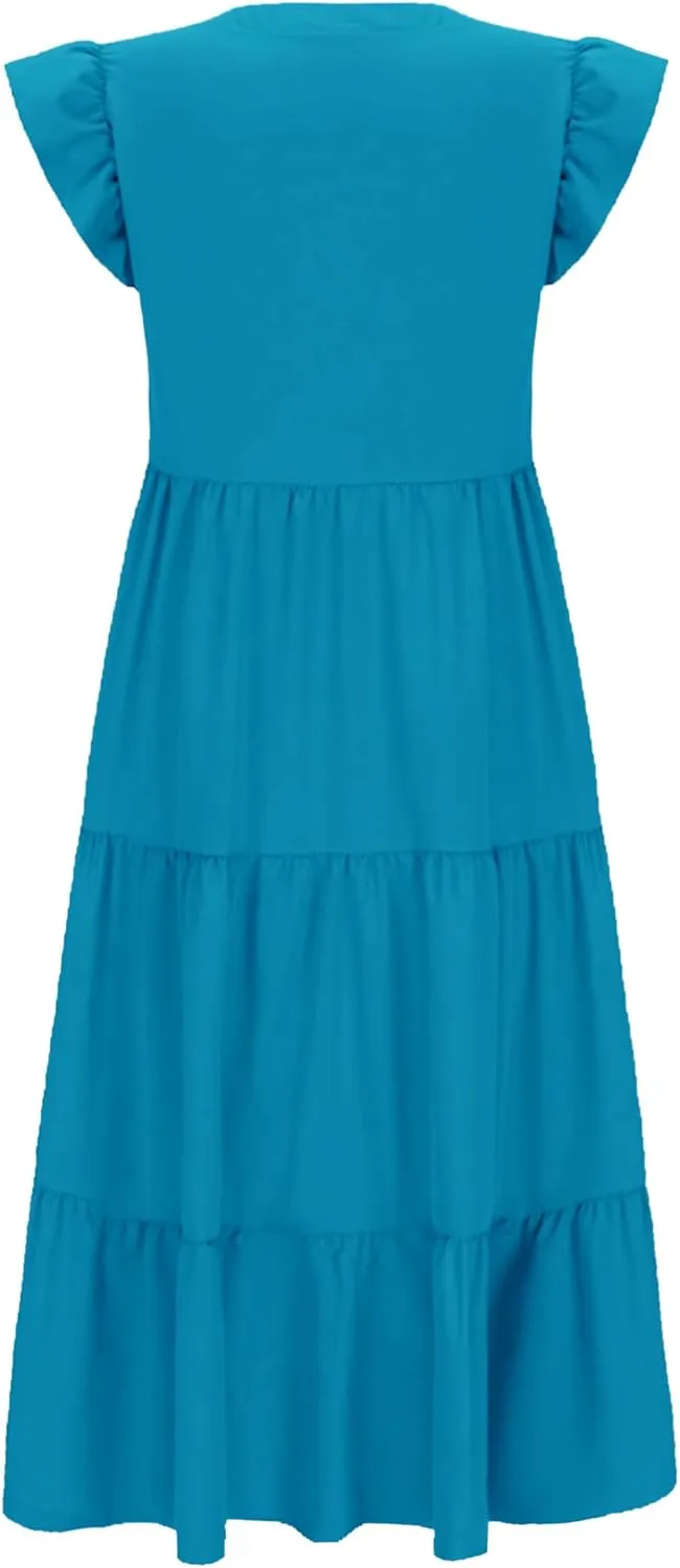 Womens Nursing Midi Dress Breastfeeding Summer Ruffle Sleeveless V Neck Tiered Beach Sundress with Pockets