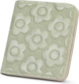 Womens Wallet,Slim Small Wallet Women RFID Bifold Compact Wallets for Women 3D Embossed Leather Wallet with ID Credit Card Holder Zipper Coin Pocket Green
